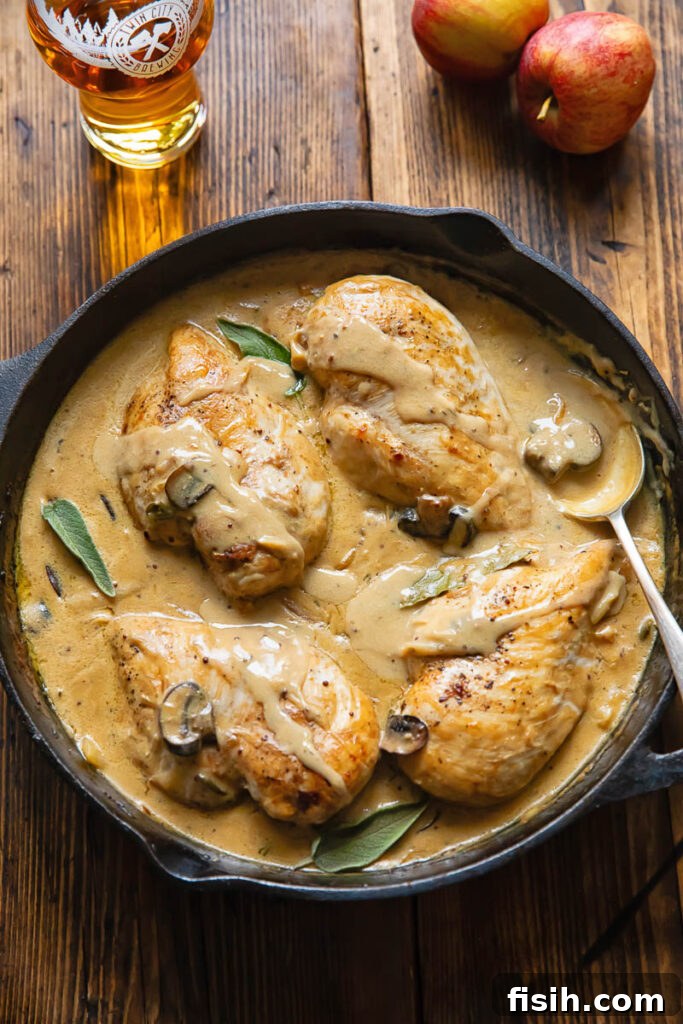 Cider-Kissed Somerset Chicken 2 Top down shot of somerset chicken in a pan with creamy cheese sauce