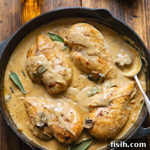 Cider-Kissed Somerset Chicken 5 Top down shot of somerset chicken in a pan with creamy cheese sauce