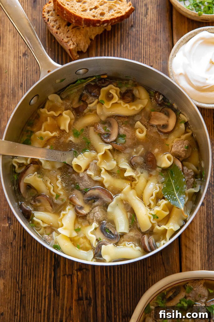 Top down shot of beef stroganoff soup simmering in a small pot, ready to be served.