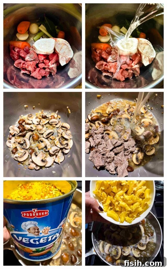 Process shots showing beef being browned, mushrooms sautéed, and pasta added to the pot for the stroganoff soup.