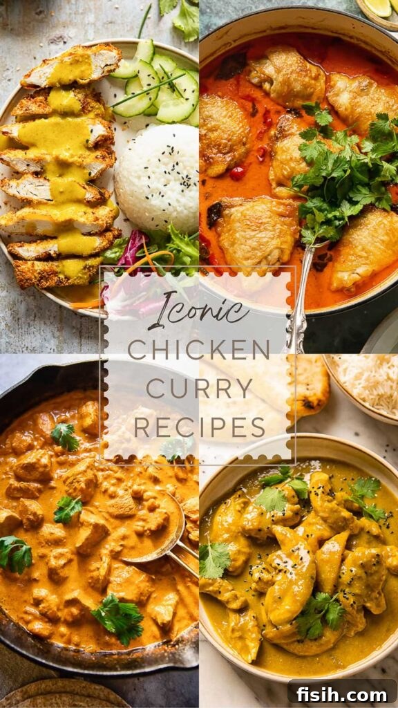 11 Legendary Chicken Curries to Master 2 A vibrant collage of various chicken curry recipes from around the world, showcasing different colors and textures.