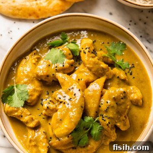 Top down shot of a rich chicken and mango curry in a bowl, generously topped with fresh cilantro.