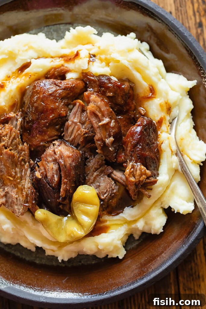 Melt-in-Your-Mouth Mississippi Pot Roast 3 Pot roast with pickled chilies on mash potatoes