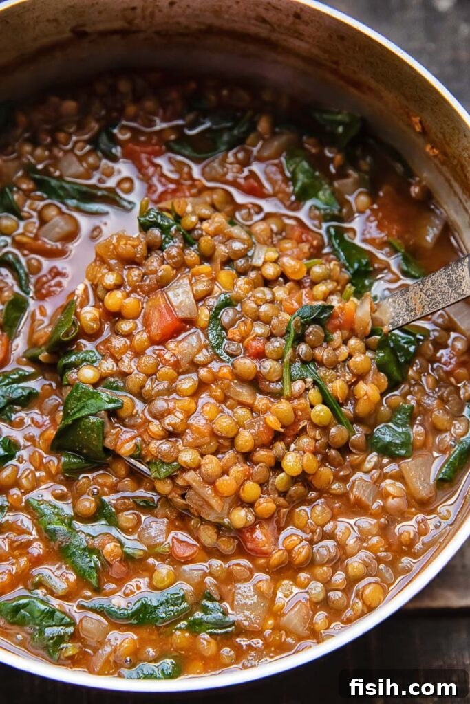 Close-up shot of lentil and spinach soup simmering in a large cooking pot with a ladle resting inside, illustrating the cooking process.