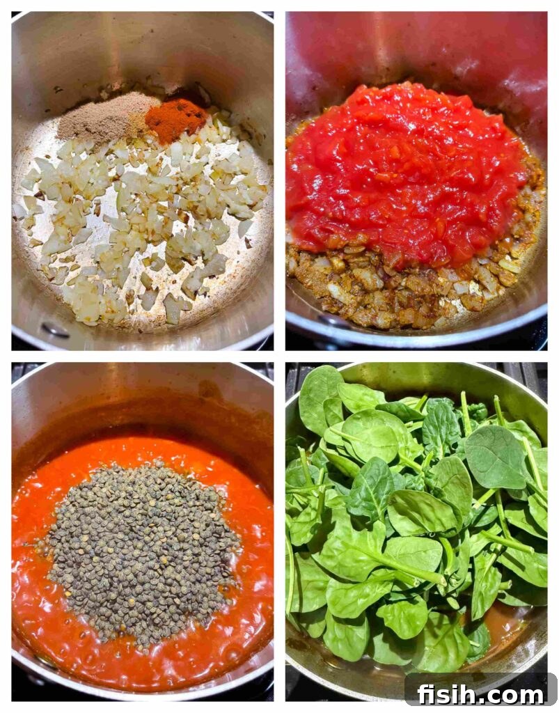 Step-by-step process shots showing vegetables being chopped and then cooked in a pot, demonstrating the initial stages of making the lentil soup.