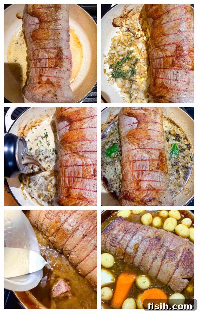 Process shots demonstrating the stages of cooking beef pot roast: seasoning, searing, adding Guinness, and simmering with vegetables.