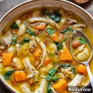 Overhead shot of a rustic bowl of Chicken and Bean Soup, showcasing hearty pieces of chicken, two types of beans, and leafy greens in a flavorful broth.