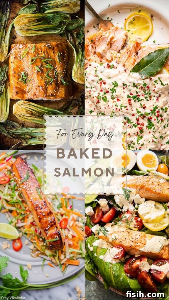 four image collage of baked salmon recipes, with title card in the middle showcasing the variety