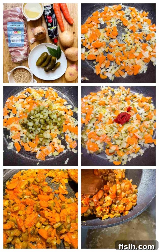 Process shots of pickles, pork and veg being prepped before cooked