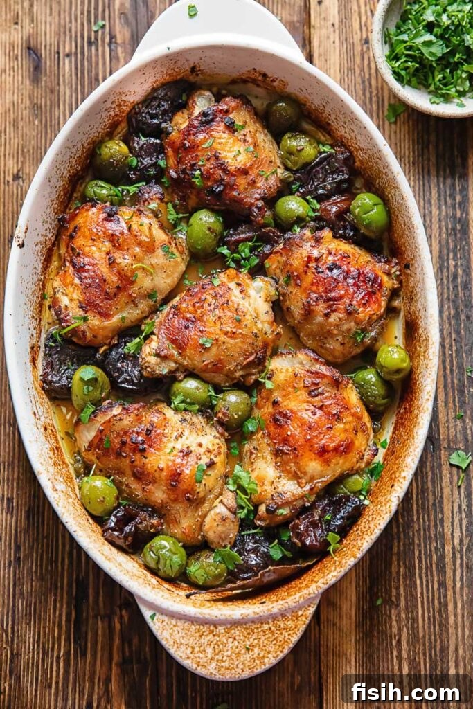 Signature Chicken Marbella 2 top down view of a casserole dish with chicken marbella