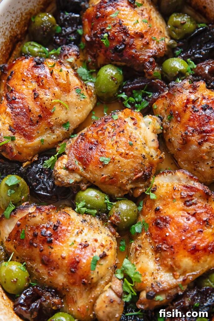 Signature Chicken Marbella 3 A close up of chicken thighs with a golden brown top, a sprinkling of herbs, alongside green olives and prunes
