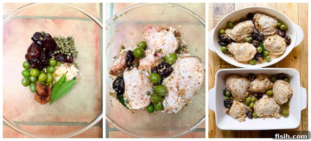 Signature Chicken Marbella 4 three process shots showing the preparation of the chicken