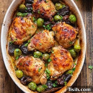 top down view of a casserole dish with chicken marbella