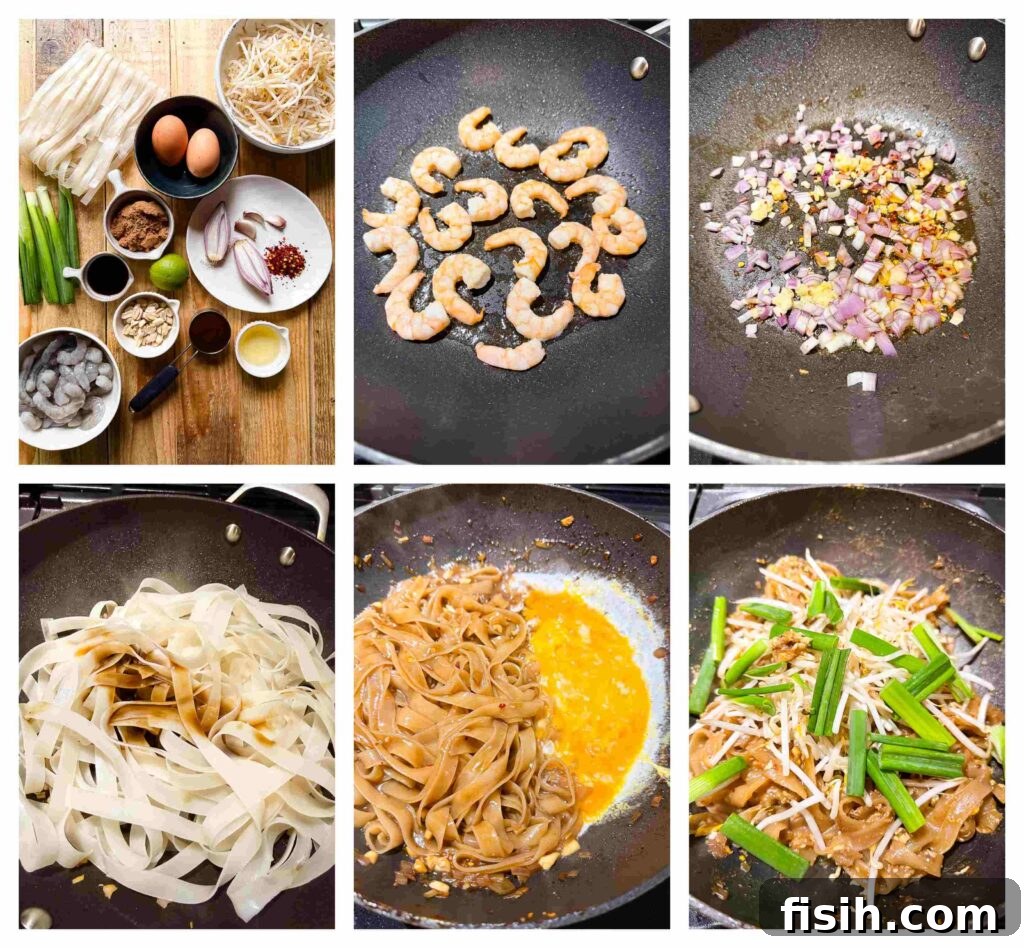A series of six step-by-step process photos illustrating the preparation of Shrimp Pad Thai, from raw ingredients to the final stir-fry.