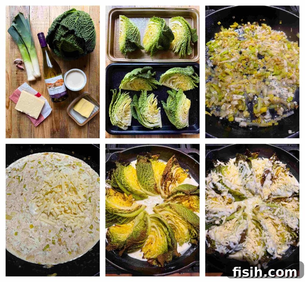 Six process shots showing the preparation and cooking of the cabbage gratin, from slicing to baking.