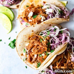 soft corn tacos filled with pulled pork and slaw