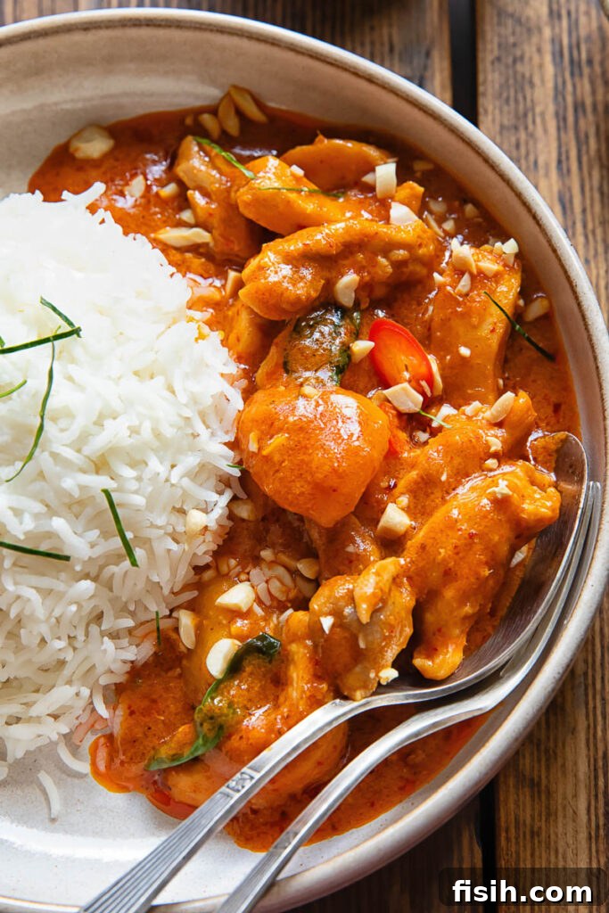 close view of a bowl of Panang Chicken Curry next to a ball of jasmine rice, with a spoon and fork ready to serve