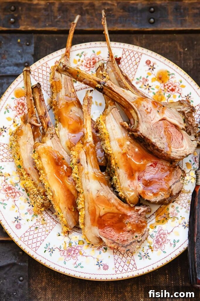 Succulent slices of roasted lamb, topped with a golden-brown herb crust and drizzled with a rich, glistening gravy, presented elegantly on a white plate for serving.