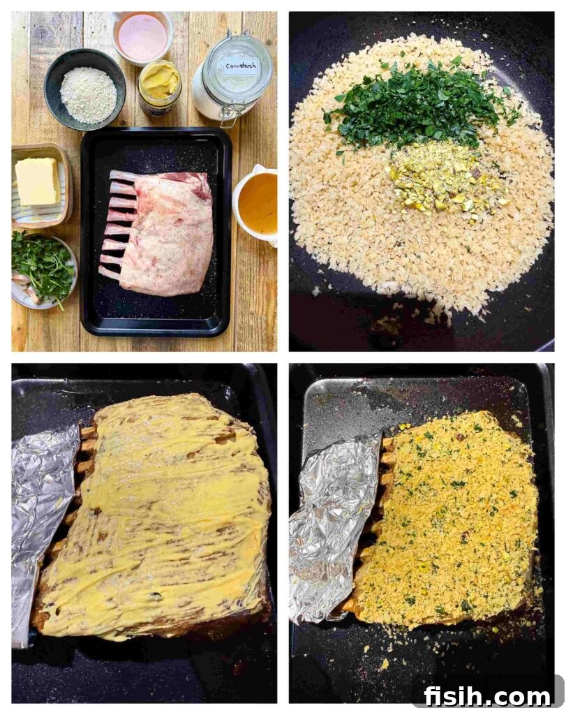 A series of process shots detailing the preparation of rack of lamb, including seasoning, applying Dijon mustard, and pressing on the pistachio herb crumb before roasting.