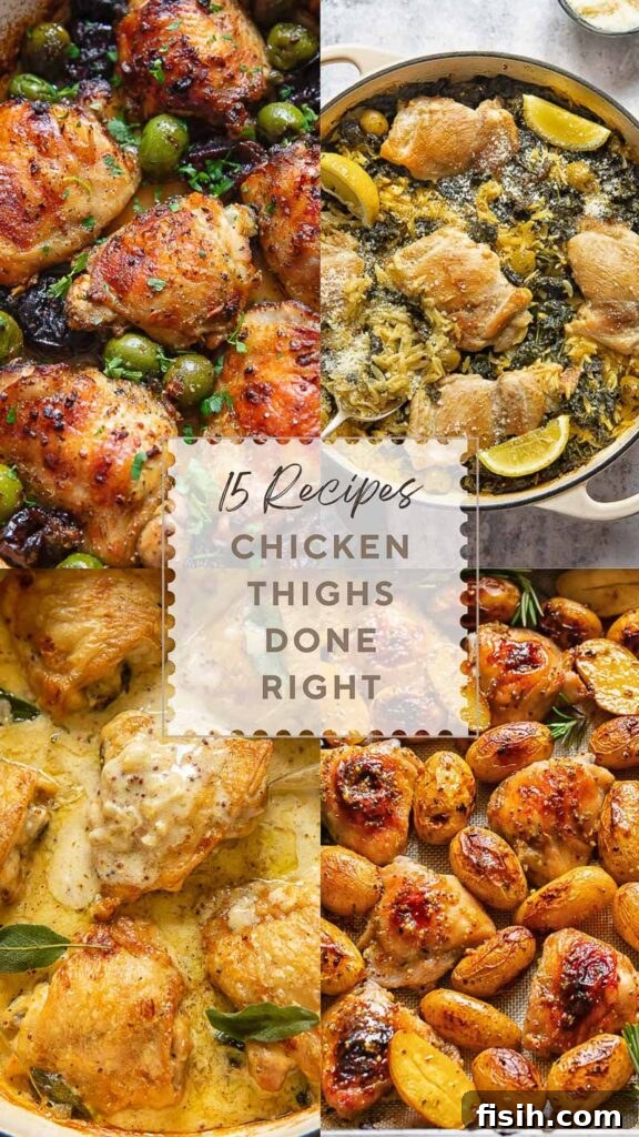 A four-image poster featuring diverse chicken thigh dishes, with the post title 'Delicious Chicken Thigh Recipes' centered.