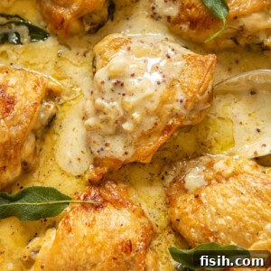 Close-up view of tender chicken thighs braised in a rich, creamy sage sauce in a large pan.