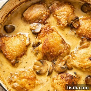 Top-down view of a classic Chicken Fricassee with tender mushrooms, served in a beautiful dish.