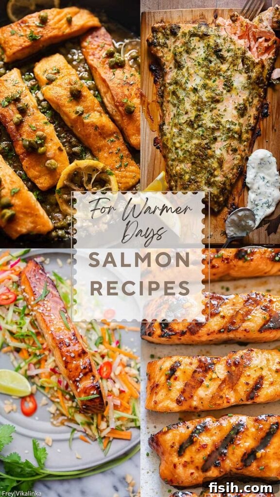 11 Vibrant Salmon Recipes Perfect for Sunny Days 2 A collage of four different healthy salmon recipes, including salmon with pesto, Asian-glazed salmon, and salmon salad.