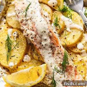11 Vibrant Salmon Recipes Perfect for Sunny Days 13 An open foil packet revealing cooked salmon, new potatoes, and herbs, perfect for camping.