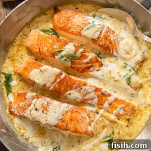 11 Vibrant Salmon Recipes Perfect for Sunny Days 10 Pieces of cooked salmon in a creamy white sauce, generously garnished with fresh dill.
