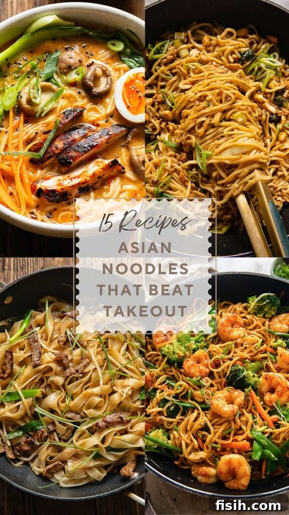 four panel poster with four Asian noodle dishes, and the post title in the middle