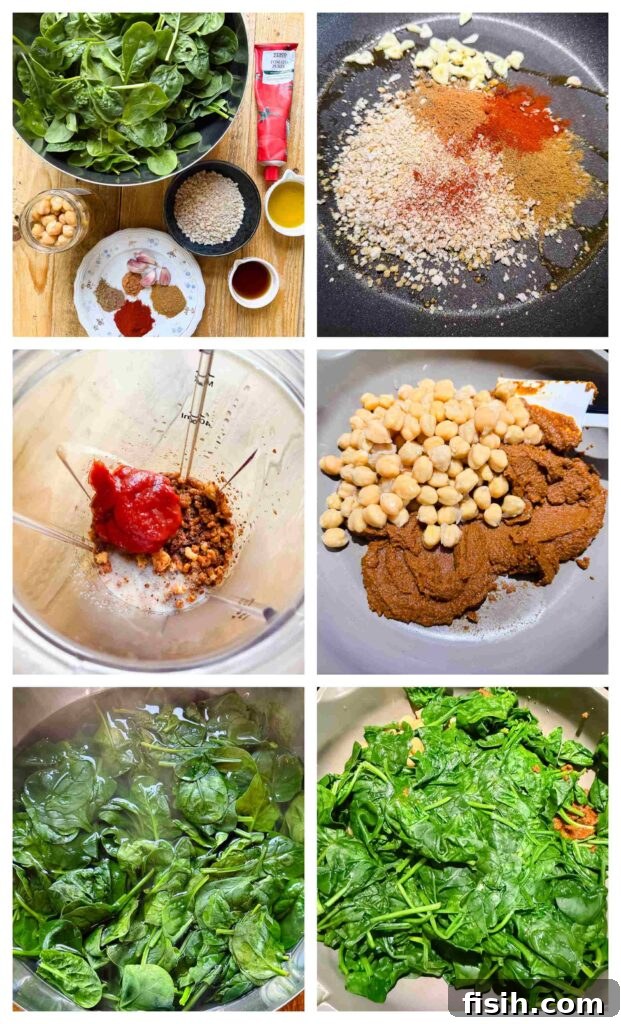 A collage of six images showing the cooking process for the spinach and chickpea stew.