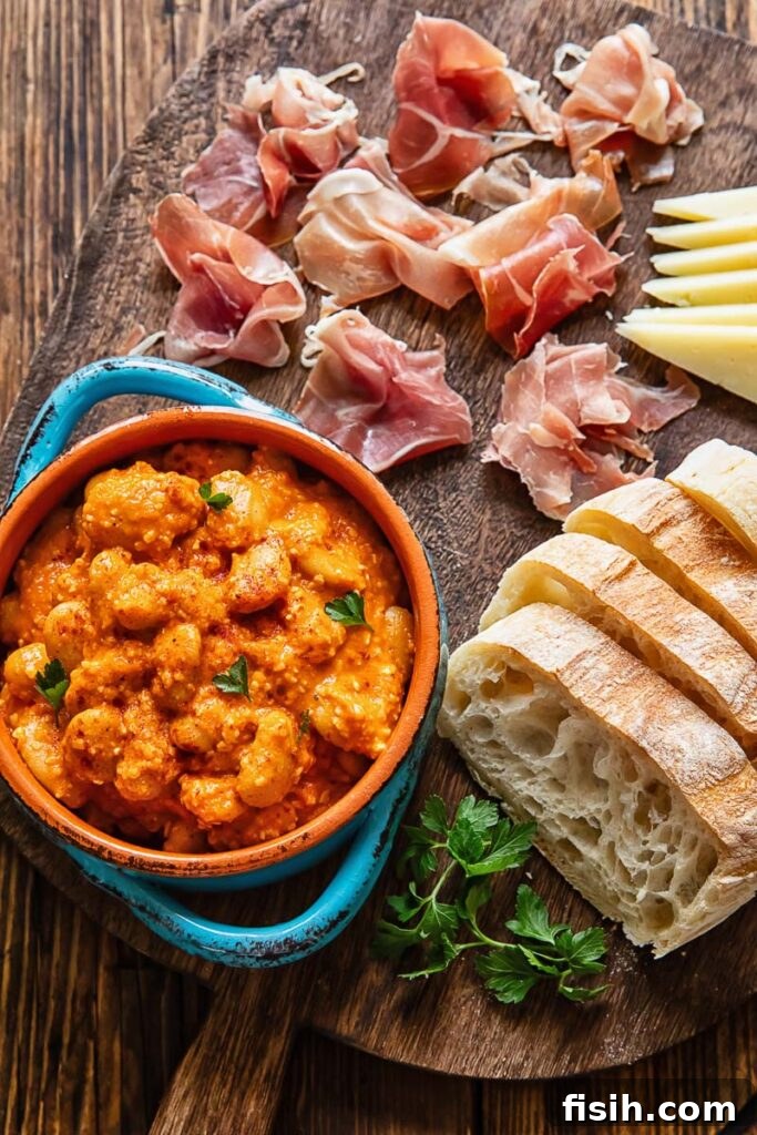An overhead shot of a tapas spread featuring butter beans in Romesco sauce, sliced bread, and Spanish cheese.