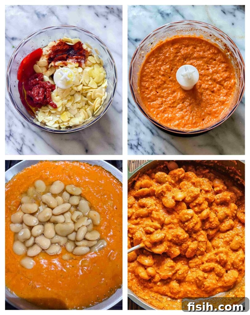 A collage showing the process of making the dish: combining the prepared Romesco sauce with butter beans in a skillet.