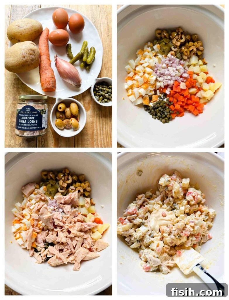 Process shots of tuna, eggs and veg being prepped before mixed in a bowl