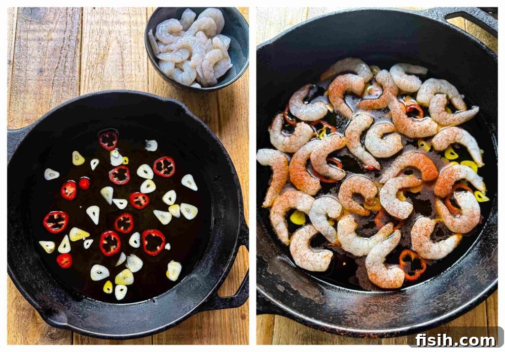 Process shots of chilli oil and prawns being cooked