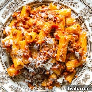 Top down shot of lentil bolognese in a bowl of pasta