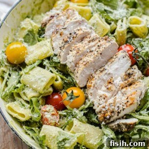 Pesto Pasta with sliced grilled chicken, cherry tomatoes and arugula.
