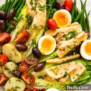 top down view of Nicoise salad on a platter