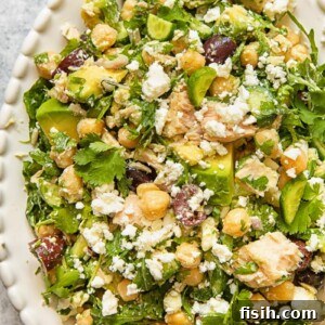Top down view of Chickpea Tuna Salad on an oval platter