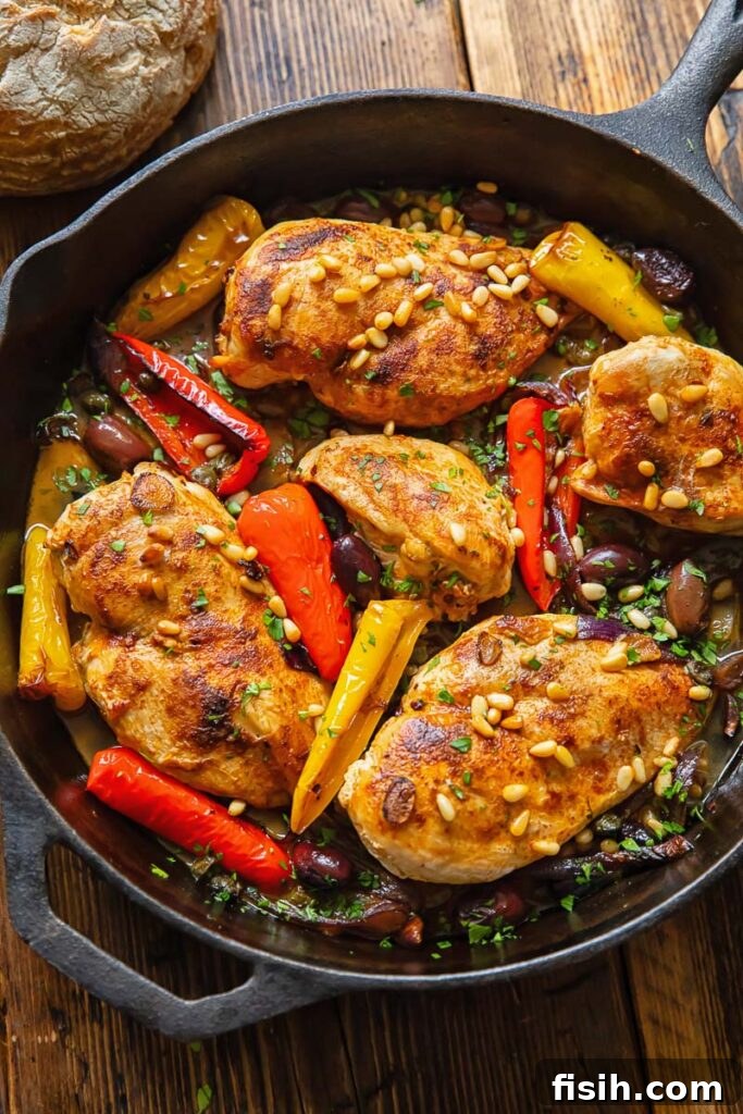 Top down shot of Mediterranean chicken in a pan with olives and peppers