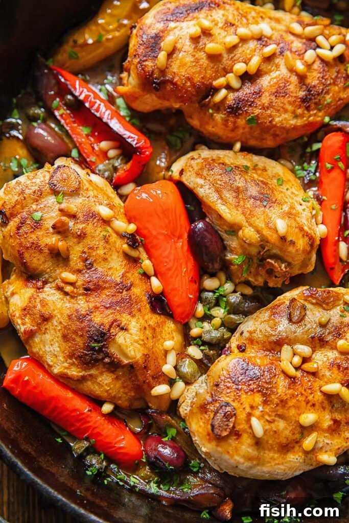 Close up of baked chicken in Mediterranean sauce