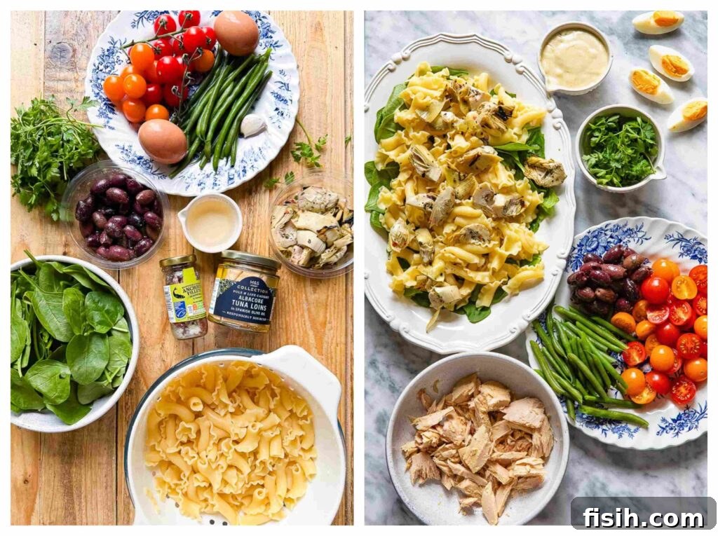 Mediterranean Tuna Nicoise Pasta Salad with Olives 4 Process shots of veg being prepped and mixed with salad