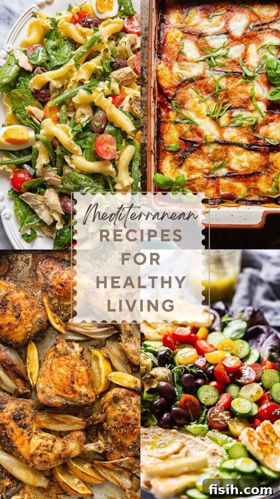 Vertical collage with four recipes from the Mediterranean, with a title in the middle.