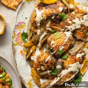 Top down view of tahini sauce drizzled over za'atar chicken with lemon and garlic on a platter