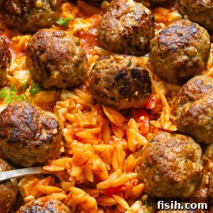 Close up shot of orzo baked in tomato sauce with meatballs