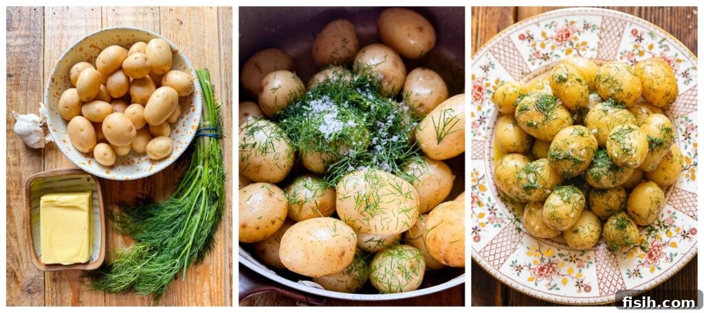 Process shots of potatoes and garlic butter cooking in a pot