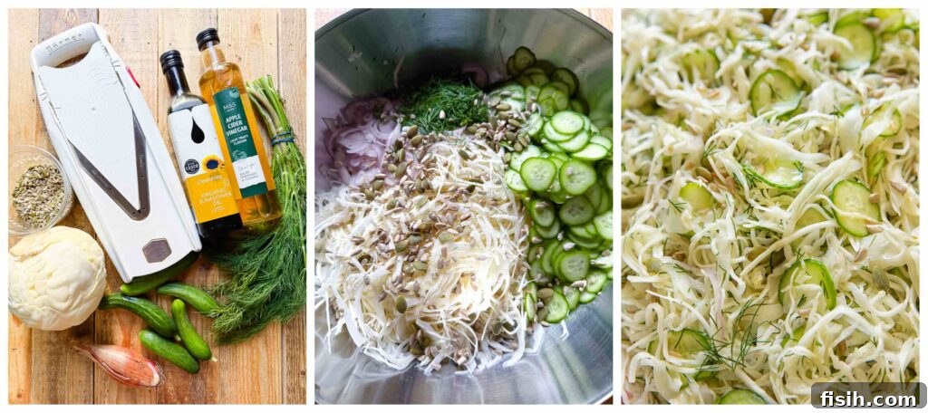 Crunchy Cabbage and Cucumber Salad with Dill Vinaigrette 4 Process shots of cabbage and cucumber combined in a bowl
