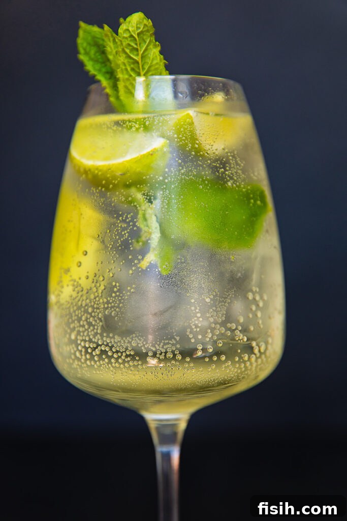 Hugo Spritz Cocktail Recipe and Serving Tips 3 Close-up of Hugo Spritz with mint garnish