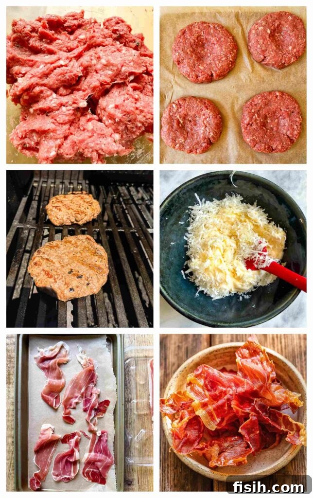 Italian Prosciutto Burger with Garlic Parmesan Mayo 3 A six panel collage of process shots showing the preparation of the burger and toppings.