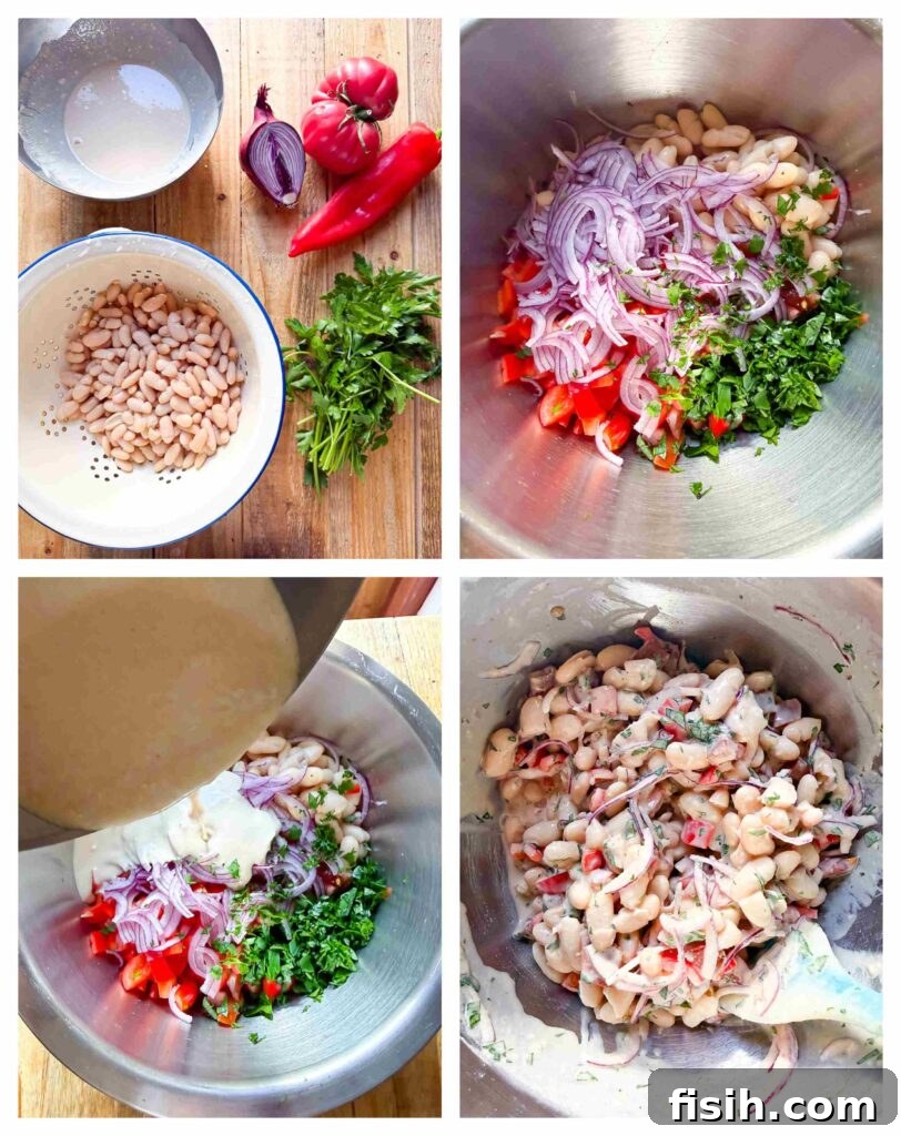 Four panel process shot collage showing how to assemble the white bean salad.
